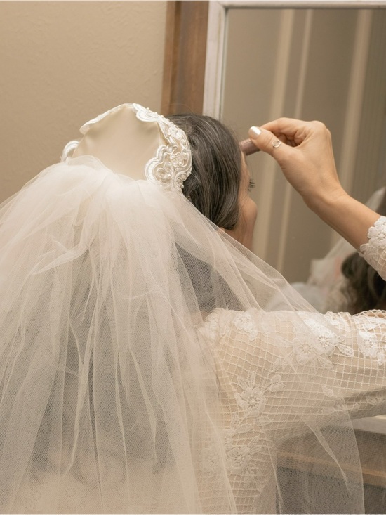 Accessories - Vintage ivory bridal veil with pill hat and lace-trimmed comb.